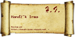 Hanák Irma névjegykártya